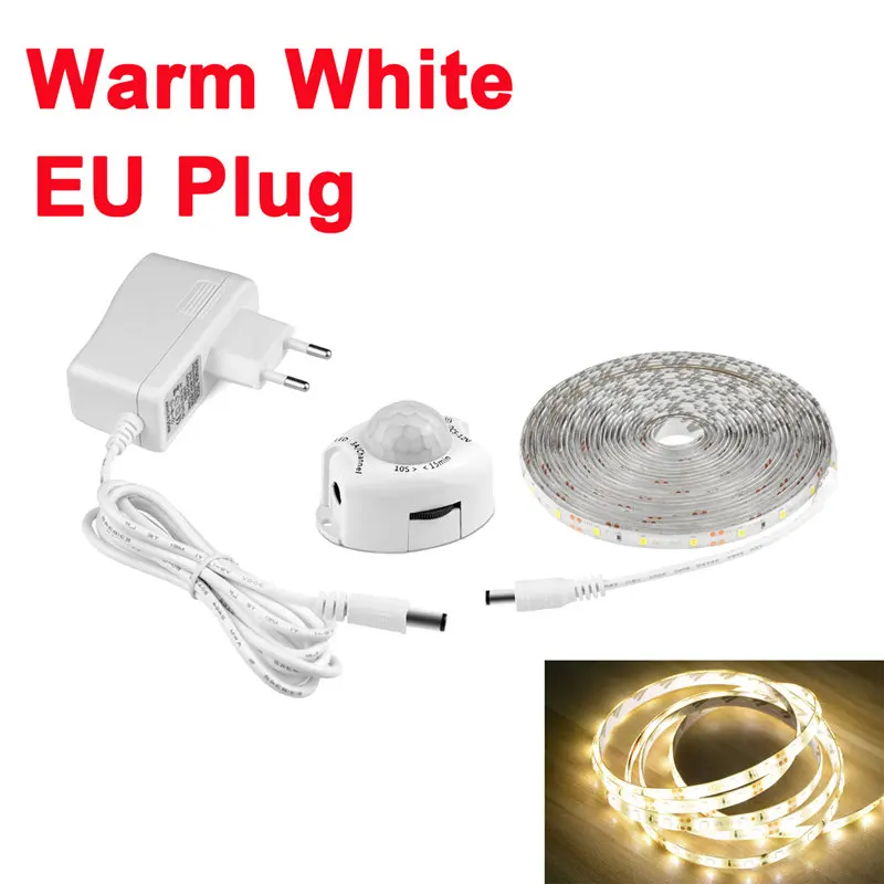 Warm White EU Plug 1 м-5 м светодиодный светильник с датчиком движения кухонный свет 12 В светодиодный светильник под шкафом 110 В 220 В светодиодный лента для прикроватные тумбочки для гардероба - Цвет: Warm White EU Plug