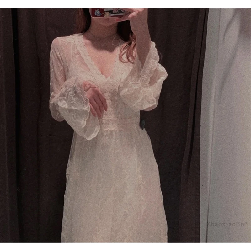 

YOSICIL Elegant Lace Embroidery Midi Dress Women V Long Sleeve Dress Lady Solid Pleated Dress Female Vestidos