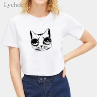 lychee harajuku korean short sleeve casual t shirt cartoon animal cat print women t shirt o neck loose top tees female