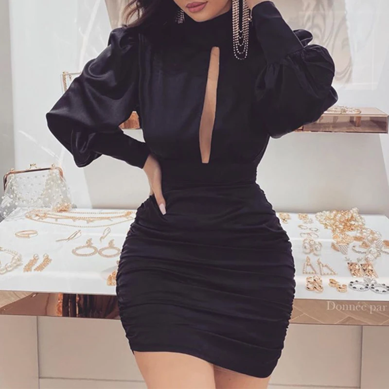 Сексуальные женские вечерние атласные мини платья с высоким воротом вырезом на