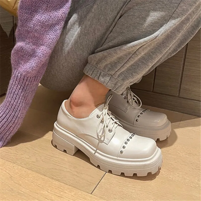 Туфли-оксфорды PXELENA из натуральной кожи с заклепками на шнуровке квадратным