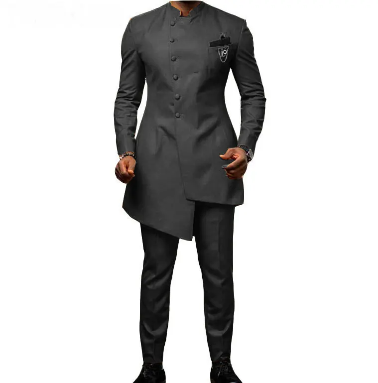 Fashion Indian Design Dark Grey Groom Tuxedos Wedding Suits For Men 2Piece Best Man Blazer Slim Fit Costume Homme (Jacket+Pants)