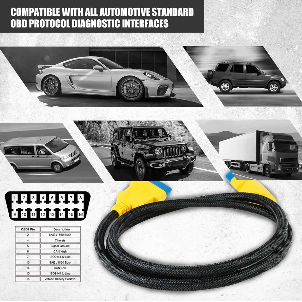 AUTOOL 150CM Car OBD II OBD2 16 Pin Male to Female Extension Cable Diagnostic Extender Cord Adapter for Pro3/Launch/ELM327 - купить по