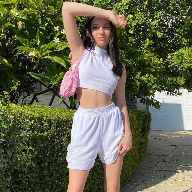 

Cotton Big Pockets Patchwork Casual Fitness Shorts Women White Summer High Waist Sweat Shorts Baggy Jogger Streetwear Waatfaak