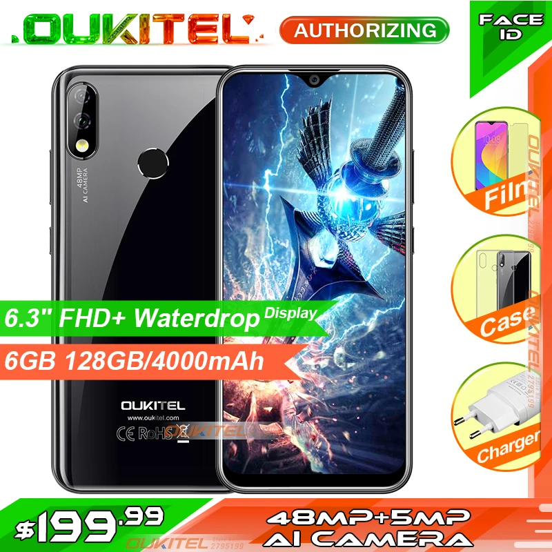 OUKITEL Y4800 6," FHD+ безрамочный экран с Дисплей 6 ГБ Оперативная память 128 Гб Встроенная память Смартфон Android 9,0 48MP+ 5MP отпечатков пальцев 4000 mаh 9В/2A Face ID мобильного телефона