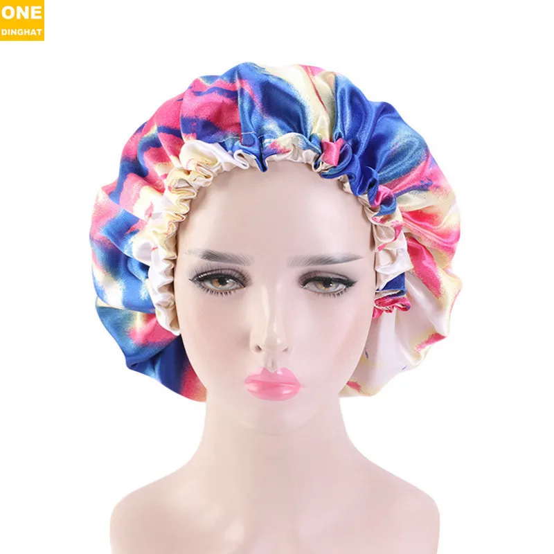 

Новая кружевная ночная шапка Tie Dye двойная регулируемая цветная бутиловая шапка для ванны эмуляционная шелковая шапка для салона красоты
