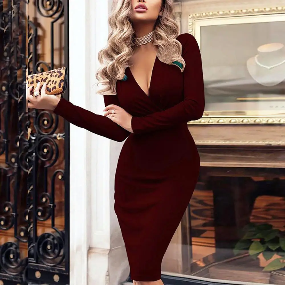 Women New Long Sleeve Deep V Neck Solid Slim SLong Dress Casual Simple High Stretchy Package | Женская одежда