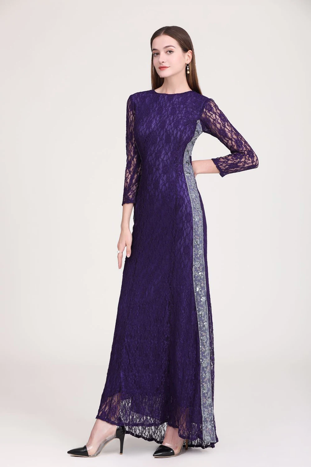 

Women's Party Dress O Neck 3/4 Sleeves Embroidery Lace Sequined Side Elegant Long Runway Prom