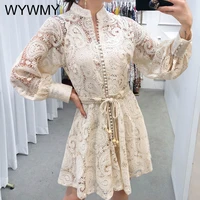 wywmy new casual chic mini lace dress autumn vintage dresses for women hollow embroidery v neck long sleeve holiday ladies dress