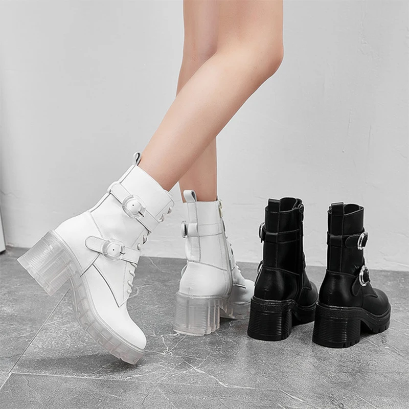 

Luxury Women Motocycle Boots Crystal Transparent Sole Fashion Buckle Ladies Platform White High Heels Zipper Women Ankle Boots