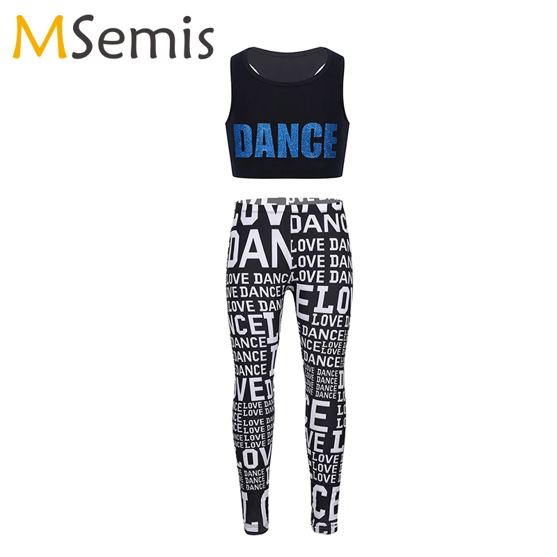 

Ballet Dance Gymnastics Costume Outfit Kid Girls Letters Printed Crop Top Sports Bra With Pants Leggings Workout Fitness Clothes