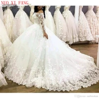 luxury 3d flower lace appliques wedding dress long sleeves boat neck puffy ball gowns robe de mariee vintage vestido de noiva