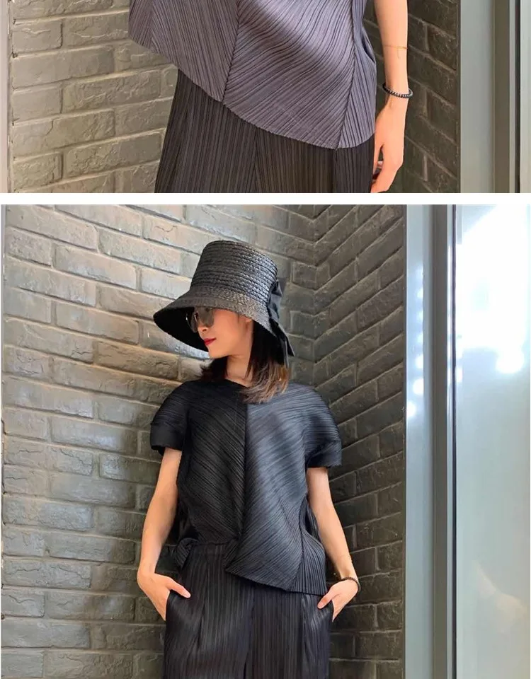 Changpleat новые женские футболки Топ Miyak плиссированный модный дизайн свободный v-образный вырез корейский стиль короткий рукав женская футболка Tide