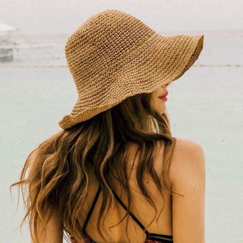 Женская соломенная шляпа от солнца Пляжная шляпка с широкими полями гибкая
