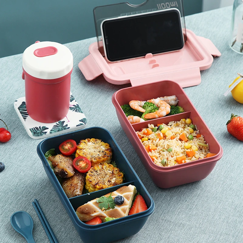 

Portable Plastic Lunch Box Bento Case Chopsticks Spoons Microwae Heating Leak-Proof Food Storage Container Tableware 1100ml