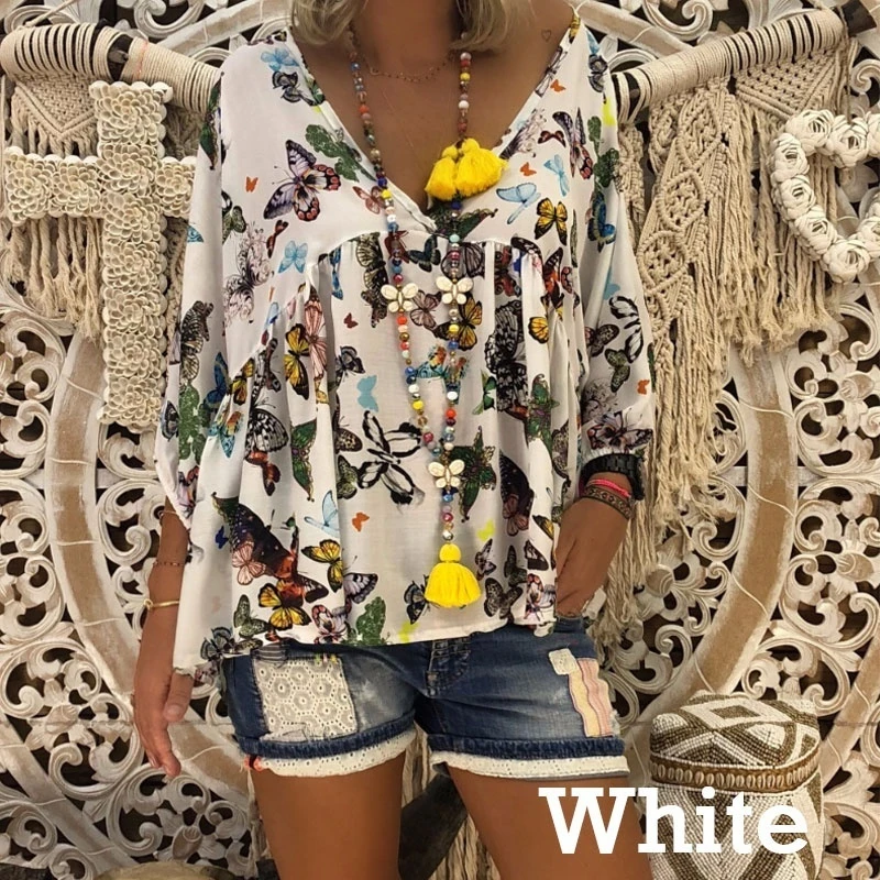 Женские осенние Топы Boho рубашки с цветочным принтом и бабочками блузки длинным