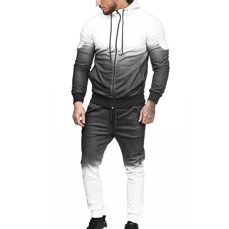 White Set CYSINCOS, новинка, мужской спортивный костюм, градиентный цвет, осенний, на молнии, 2 предмета, толстовки, куртка, штаны, для фитнеса, тренировки, бегунов, фитнеса, костюмы - Цвет: White Set