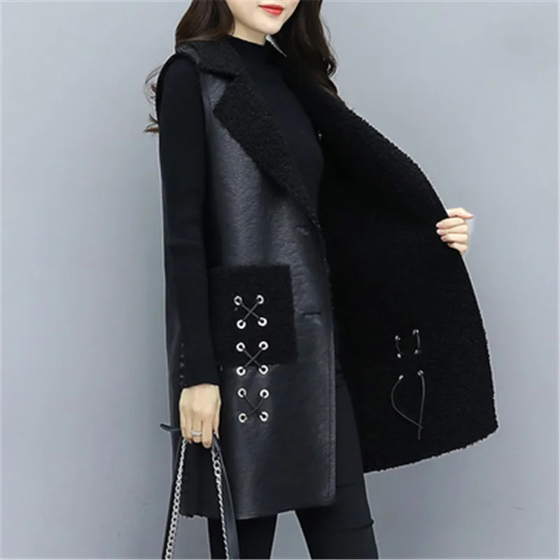 

Женский однобортный жилет из овечьей шерсти, черное бархатное теплое пальто большого размера 5XL без рукавов, Осень-зима, A645