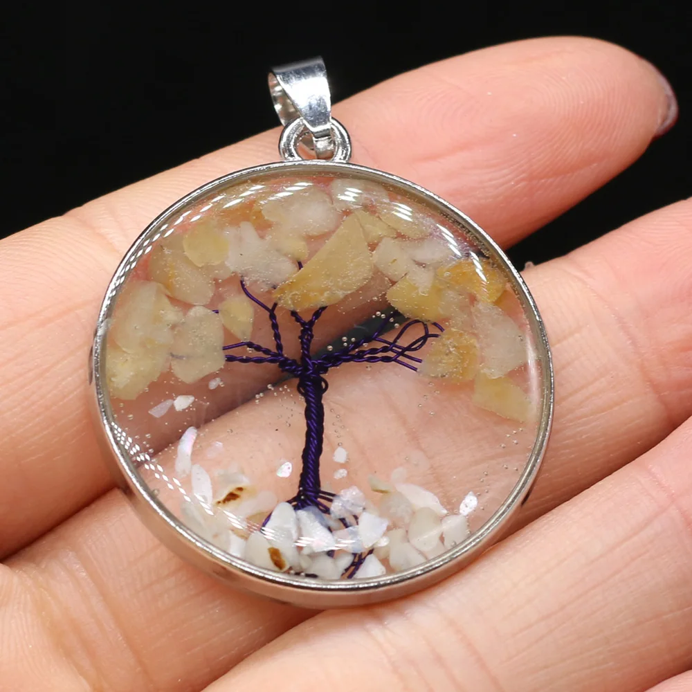 

1pcs Natural Stone Round Yellow Jades Gravel Tree Charm Pendant for DIY Necklace Earring Jewelry Making Women Gift Size 33x33mm