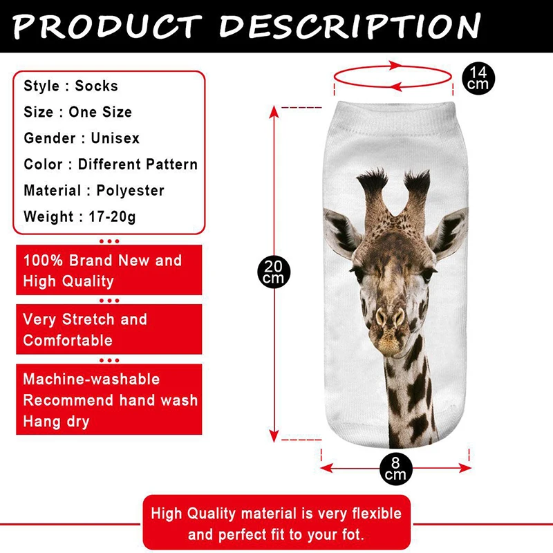 

Socks Woman Funny 9 Pairs Set Trendy Creative Giraffe Female Short Socks 3D Printed Funny Animal Design Ankle Cotton Socks