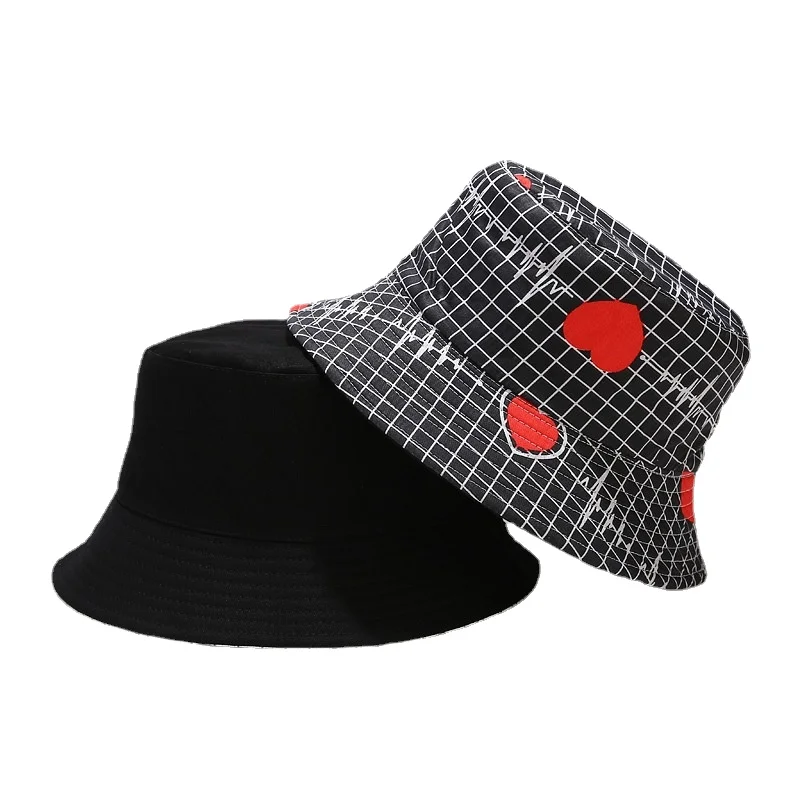 

New plaid love double-sided women's bucket hat fisherman hat beach hat outdoor sun hat fisherman hat foldable Panama hat