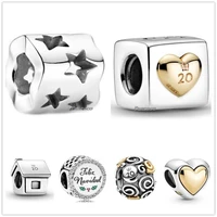authentic 925 sterling silver two tone domed golden heart charm beads fit pandora bracelet necklace jewelry