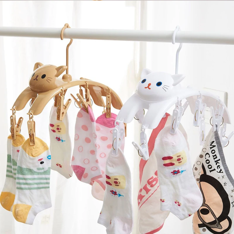 Cute Cat Hanging Clothes Drying Rack with 10pcs Pegs Indoor & Outdoor Laundry Clips Hangers for Underwear Socks | Дом и сад