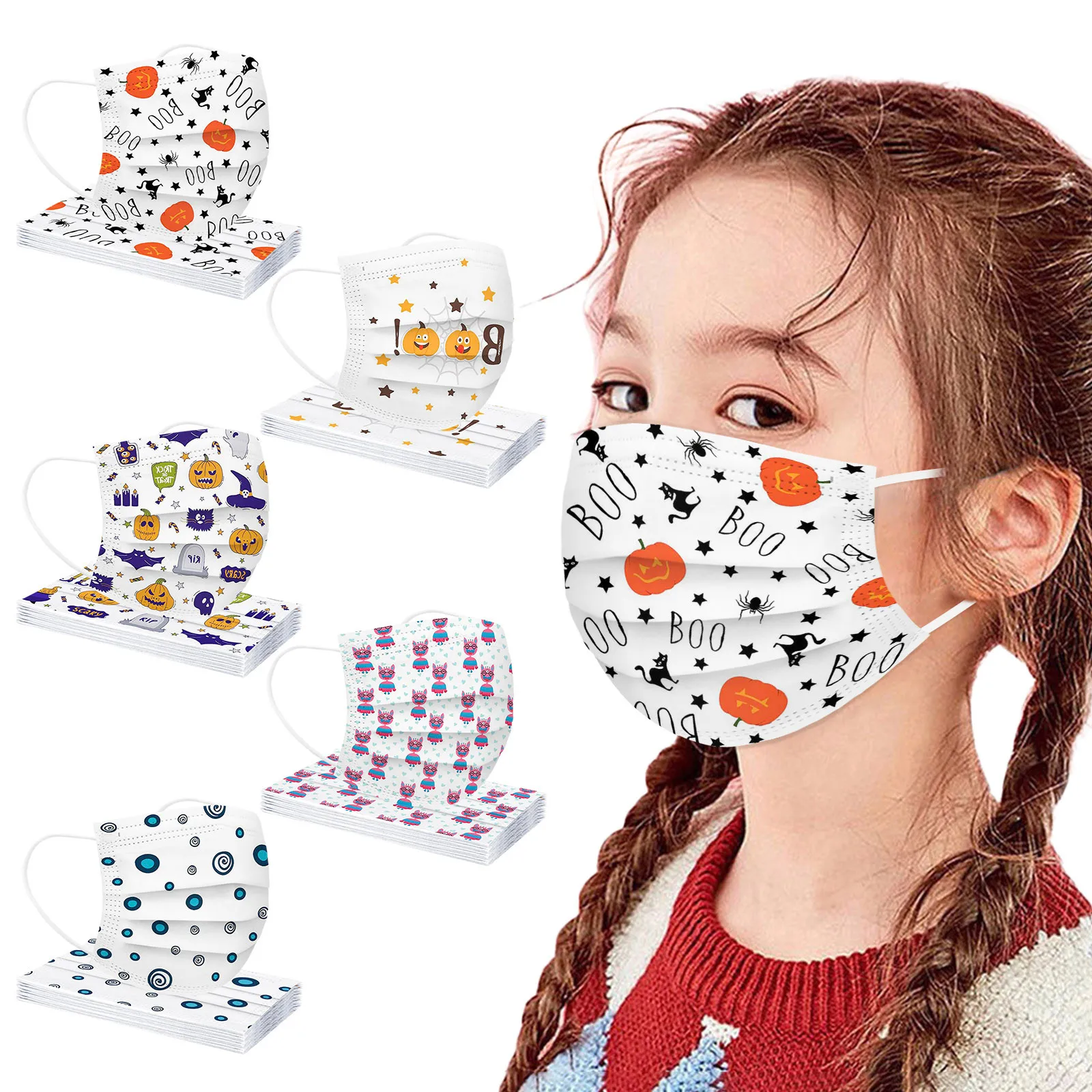 

50pc Children's Halloween Cosplay Mask Printed Protective Disposable Mask 5 Mixed And Matched Face Mask Fashion Masque Enfant