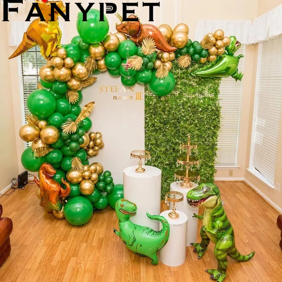

105pcs Dinosaur Balloons Garland Kit for Birthdays Baby Showers Decoration and comes with T Rex, Velociraptor, Brontosaurus