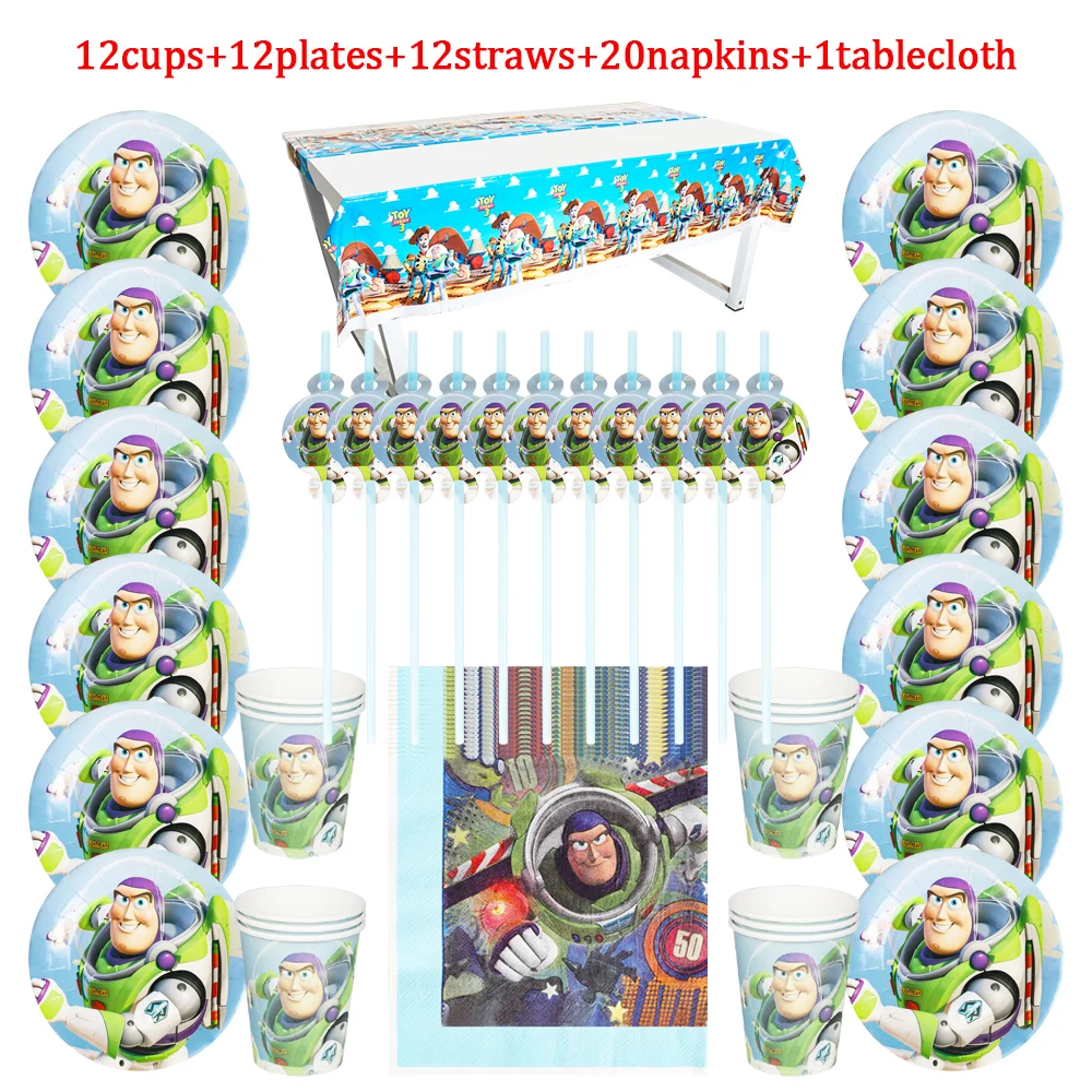 

Disney Toy Story Kids Birthday Papers Cup Straws Tablecloth Party Decoration Sets Disposable Tableware Baby Shower For 12 People