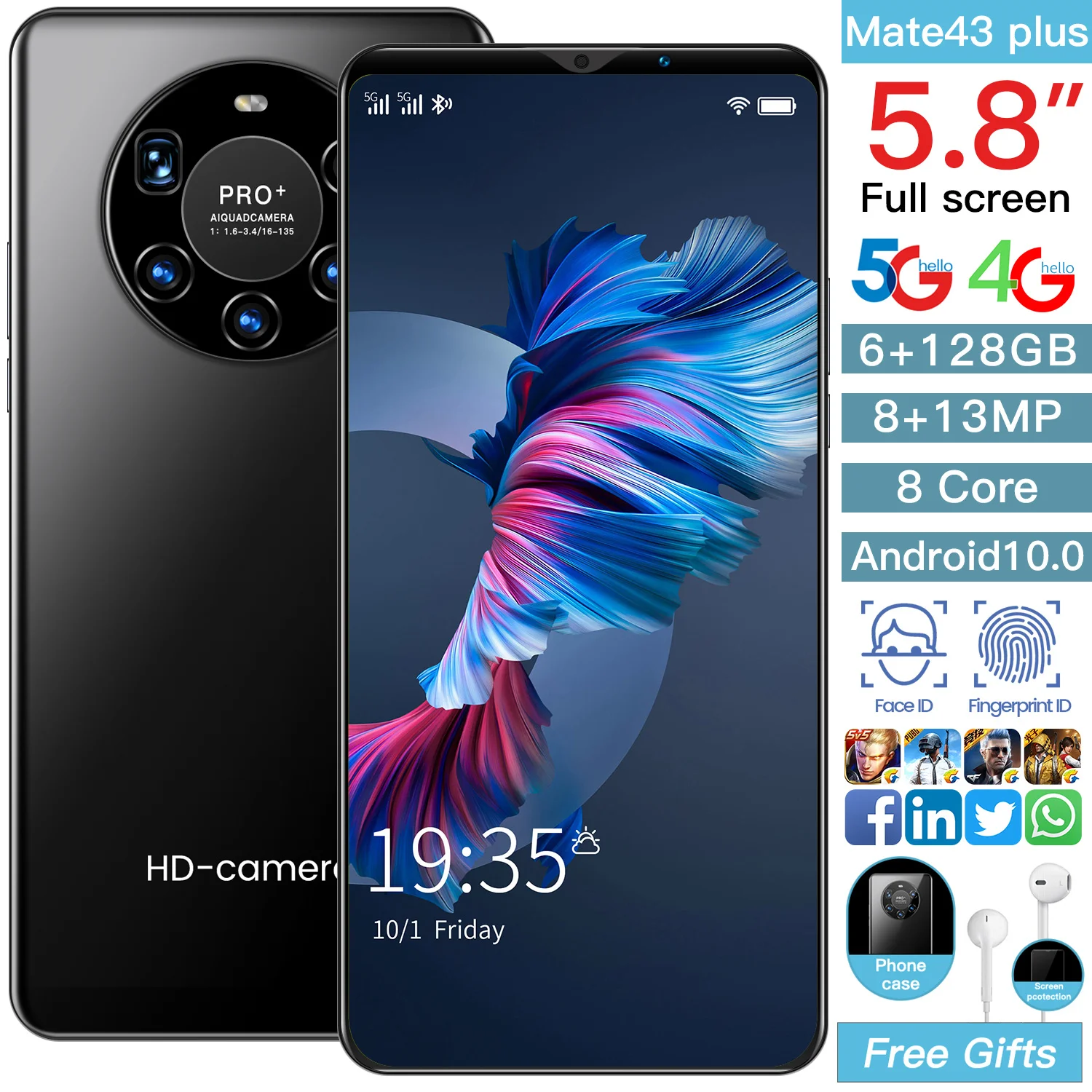 

Mate43 Plus 5.8 Inch 6GB 128GB 8+13MP Andriod 10 Mobile Phones 2021 Global Version Face Unlock 8 Core Dual SIM 4G 5G Smartphones