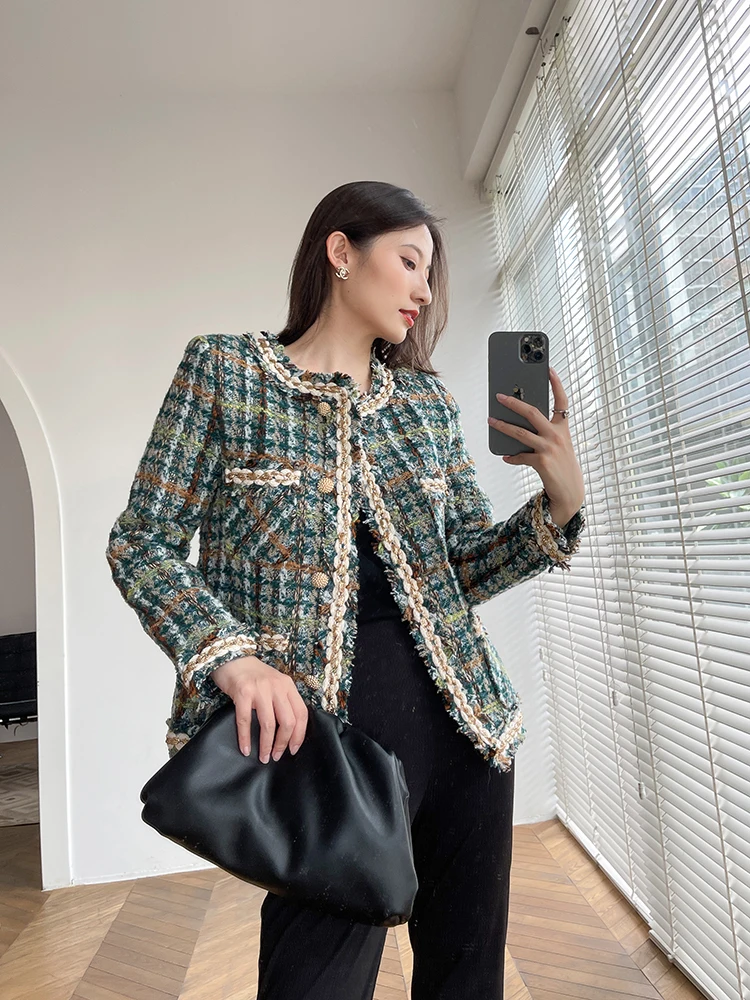

2022 Winter Spring New Women's Short Tweed Jacket Elegant Round Collar French Fashion Craft Fitted Blazer Outerwear Coats