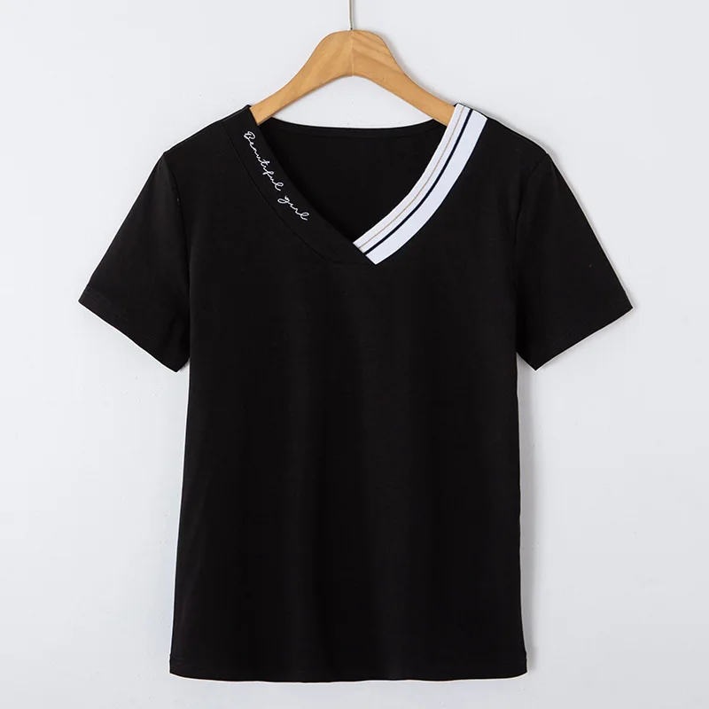 

New summer T-shirt 80 thread mercerized cotton rib V-neck solid color T-shirt embroidered Korean women's slim top 6715