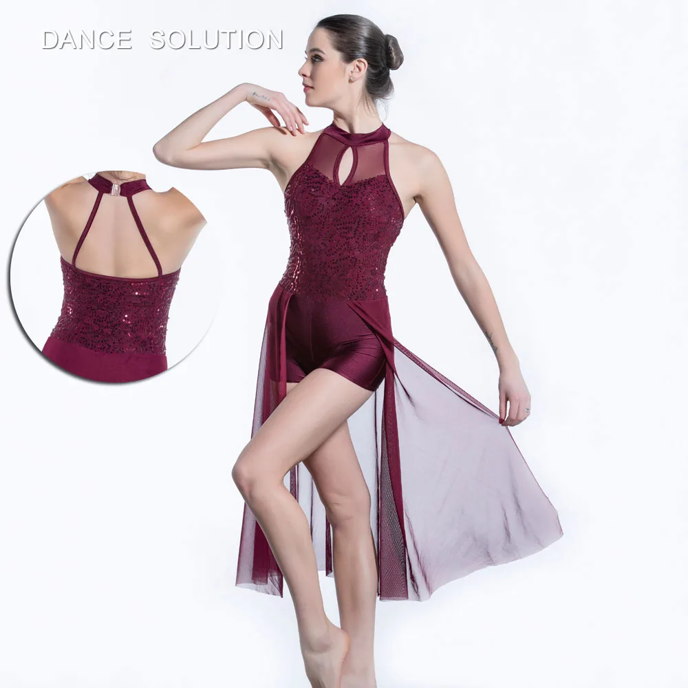 Бордовое гимнастическое трико из спандекса с пайетками и сетчатая юбка