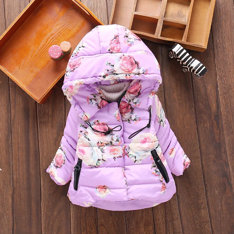 

Новинка, теплые куртки с капюшоном и цветочным принтом для маленьких девочек, зимние утепленные детские пальто, комбинезон для новорожденн...