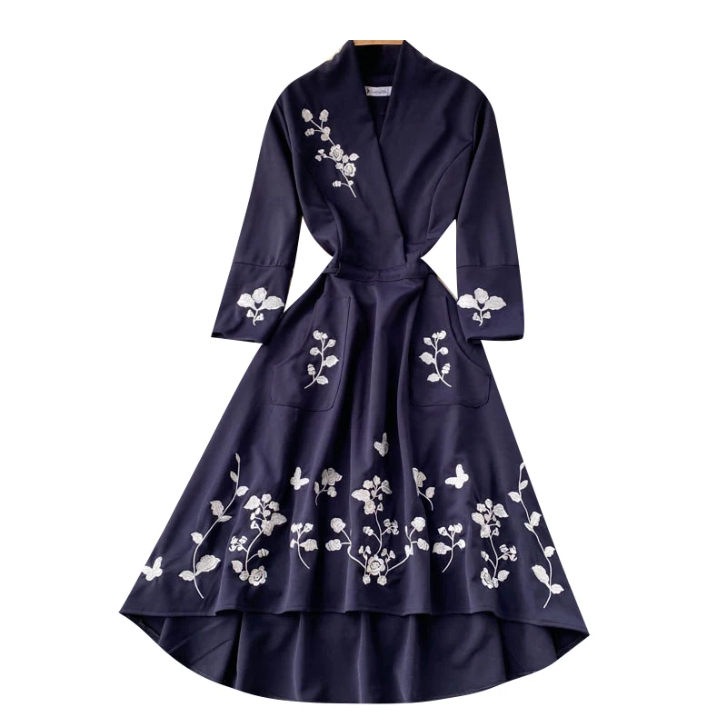 

New Spring Autumn Women V-Neck Wrist Sleeve Drawstring Slim Dress High Quality Flowers Embroidery Vintage Dovetail Dress