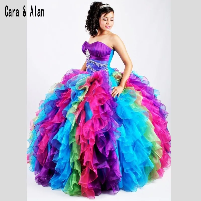 Красочные радужные пышные платья Пышная органза юбка бисером сладкий 16 Пышное