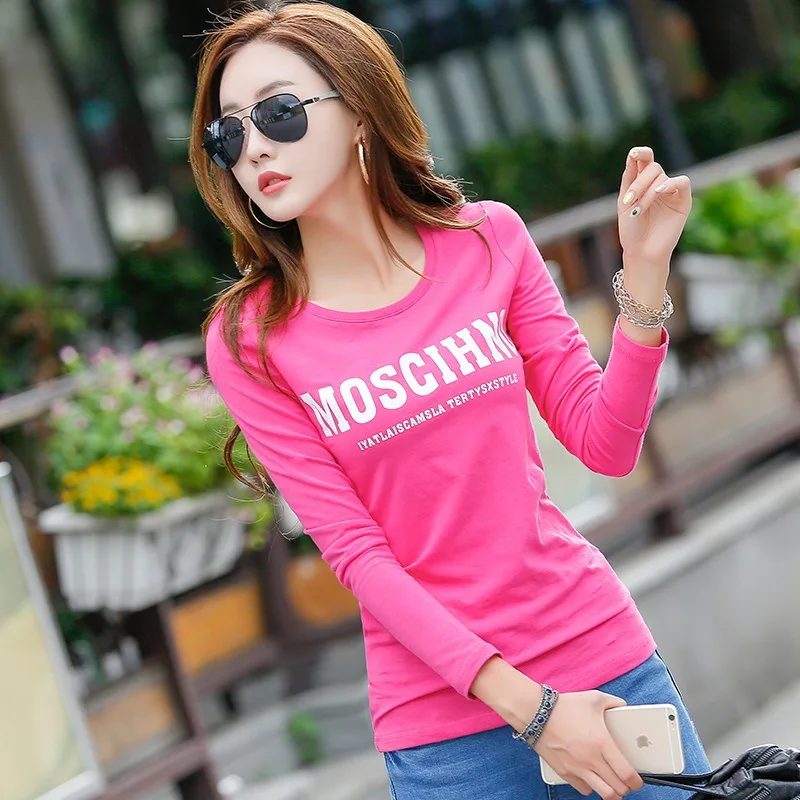 Осенняя Новая женская футболка Femme с буквенным принтом длинным рукавом черные