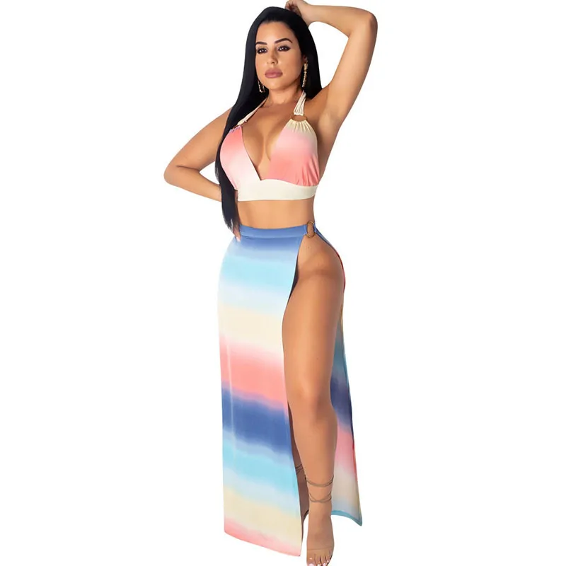 

Colorful Striped Print Backless Maxi Dress Women V-neck Halter Summer Two Piece Dresses Sexy High Split Beach Long Party Dress