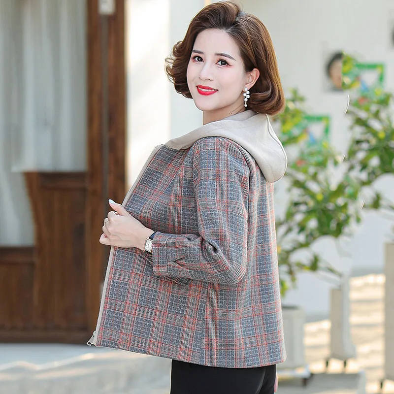 2021 New Spring Autumn Plaid Women's Jacket Middle-Aged Elderly Mothers Woolen Coat Elegant Casual Short Windbreaker Outerwear | Женская