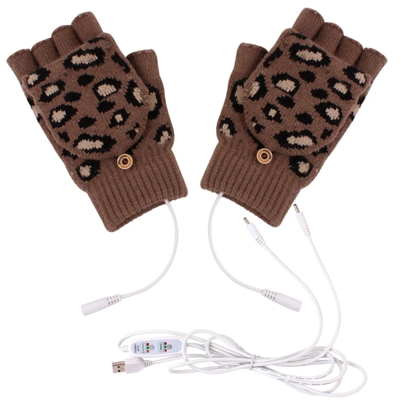 

Women Men Winter Knitted USB Heated Fingerless Gloves Leopard Jacquard Adjustable Temperature Timer Convertible Mittens