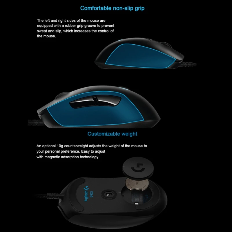 

G403 Gaming Mouse Lightweight Braided Cable Non-Slip Wired Mouse Adjustable Weight 16.8 Million Color Backlighting 6 40JB