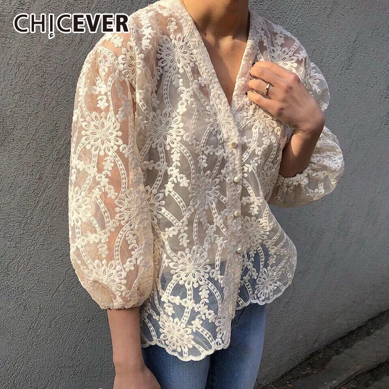CHICEVER Женские топы и блузки с v-образным вырезом длинными рукавами кружевная
