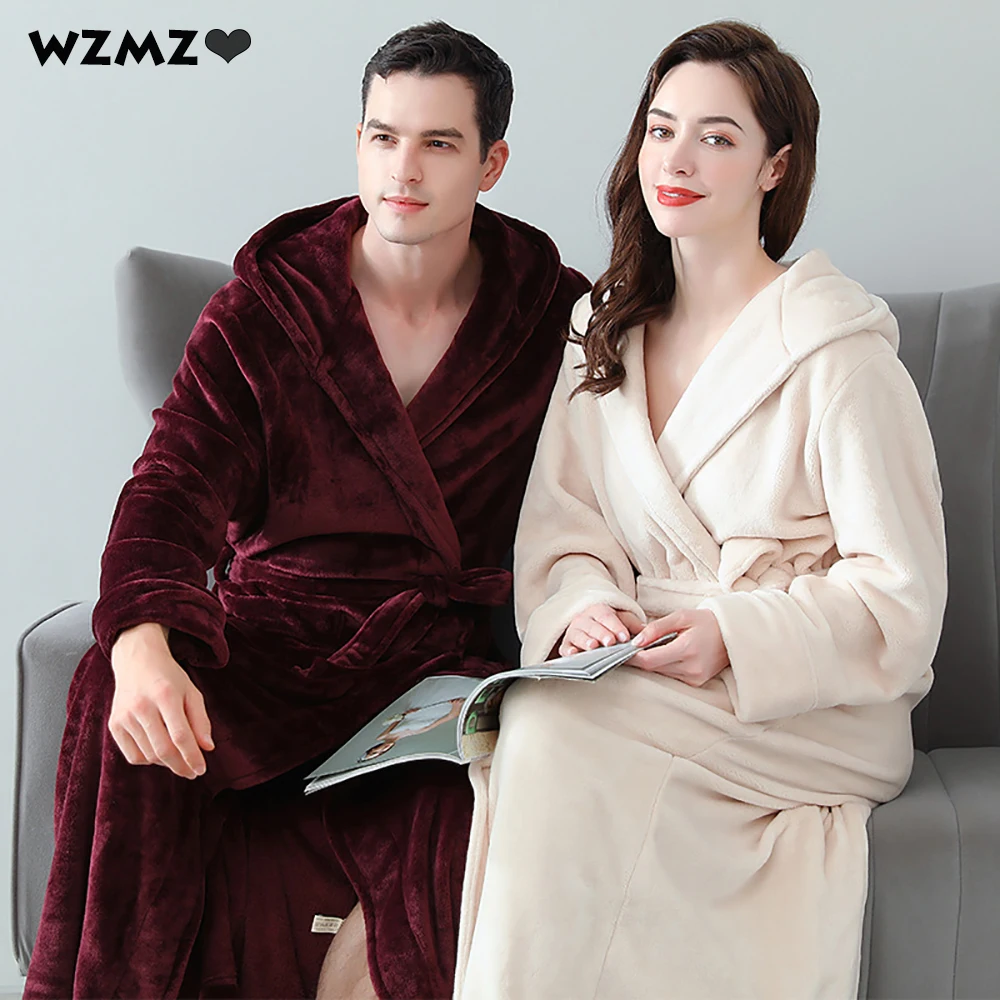 

Winter Thicken Lengthen Warm Robes for Women Double Layers Flannel Hooded Robe Bathrobe Bride Couples Coral Fleece Night Dress