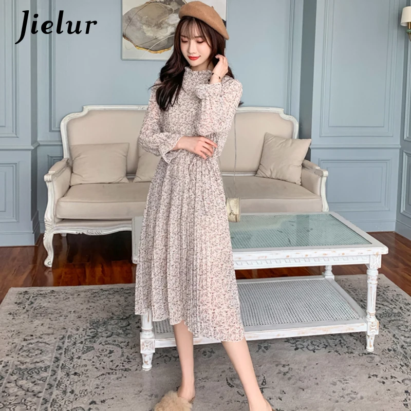 Jielur осень 2019 абрикосовое синее Цветочное платье женское со стоячим воротником