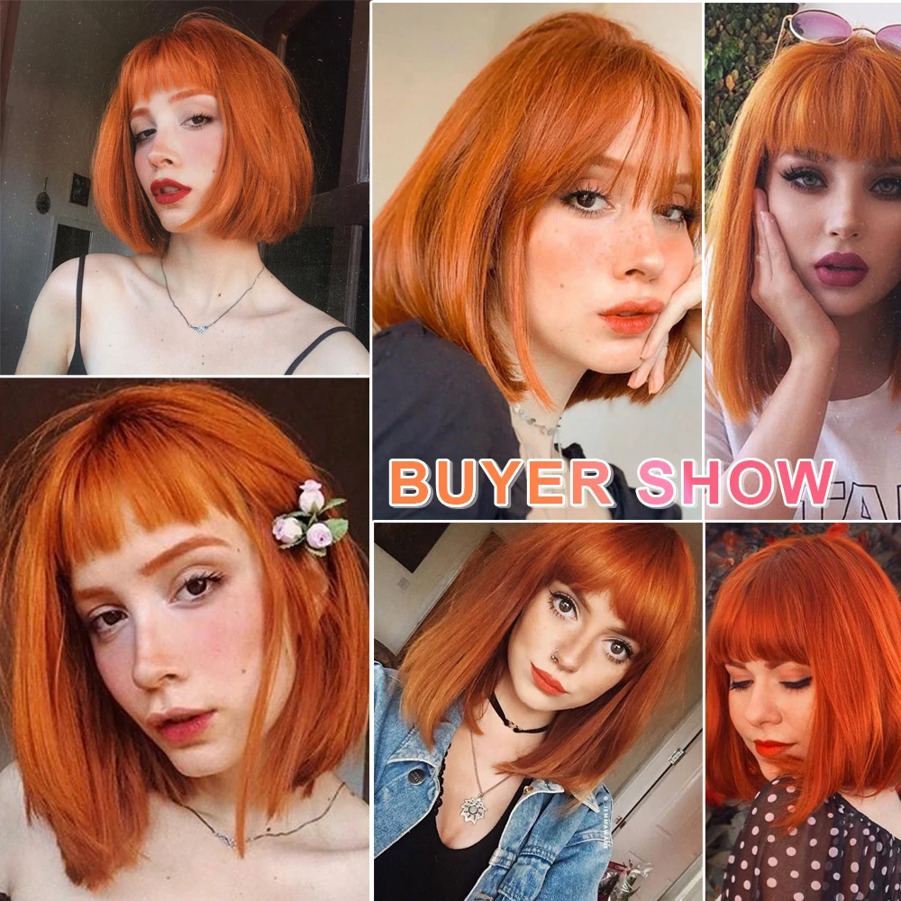 

Stamped Glorious Short Orange Bob Wig With Bangs Synthetic Straight Bob Wig Party/Daily/Cosplay Wigs for Women High Temperature