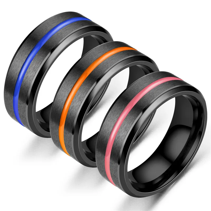 

Sinogaa 8mm Wedding Rings 3 Styles Classic For Men's Stainless Steel Ring Black with pink orange Blue Groove Engagement Ring