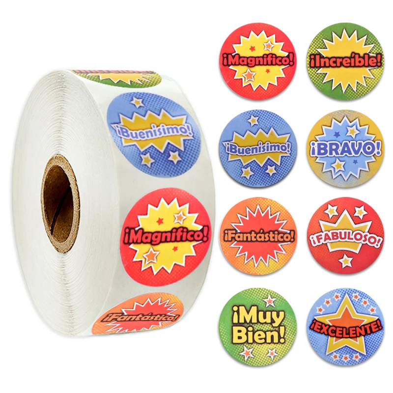 

1 inch Spanish Reward Stickers 500pcs/roll Cute Words Seal Labels for Children's Day Party Decoration Round Kawaii Stickers
