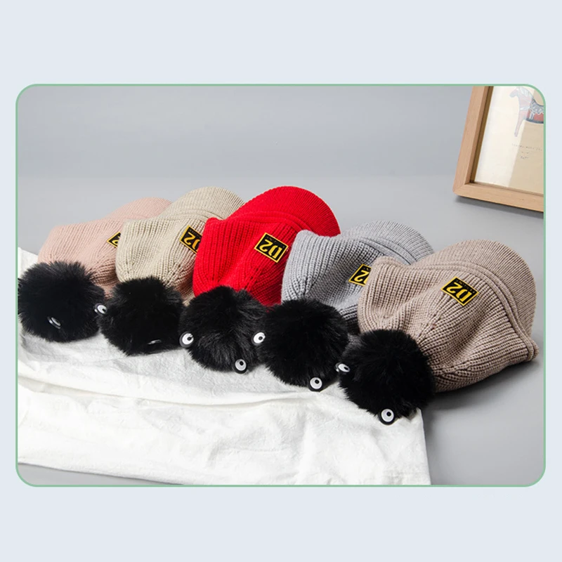 Baby Hat Cotton With Poms Letters Winter Warm Fur Ball Baseball Caps For Boys Girls Knitted Kids Headwear | Детская одежда и обувь