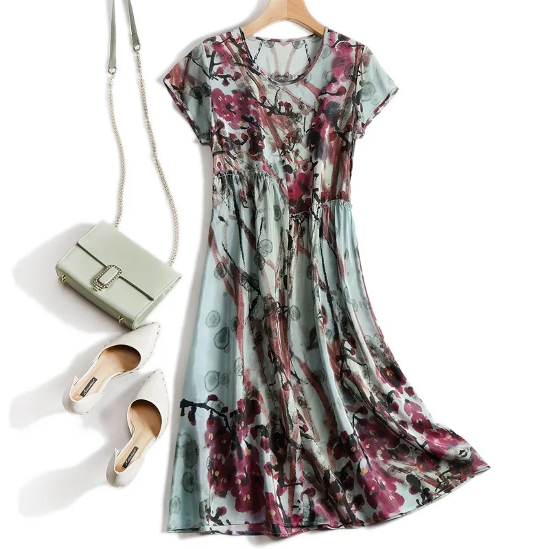 

SuyaDream Woman Midi Dress 100%Silk Crepe Print Short Sleeves A-line Dresses 2021 Spring Summer Green Dresses